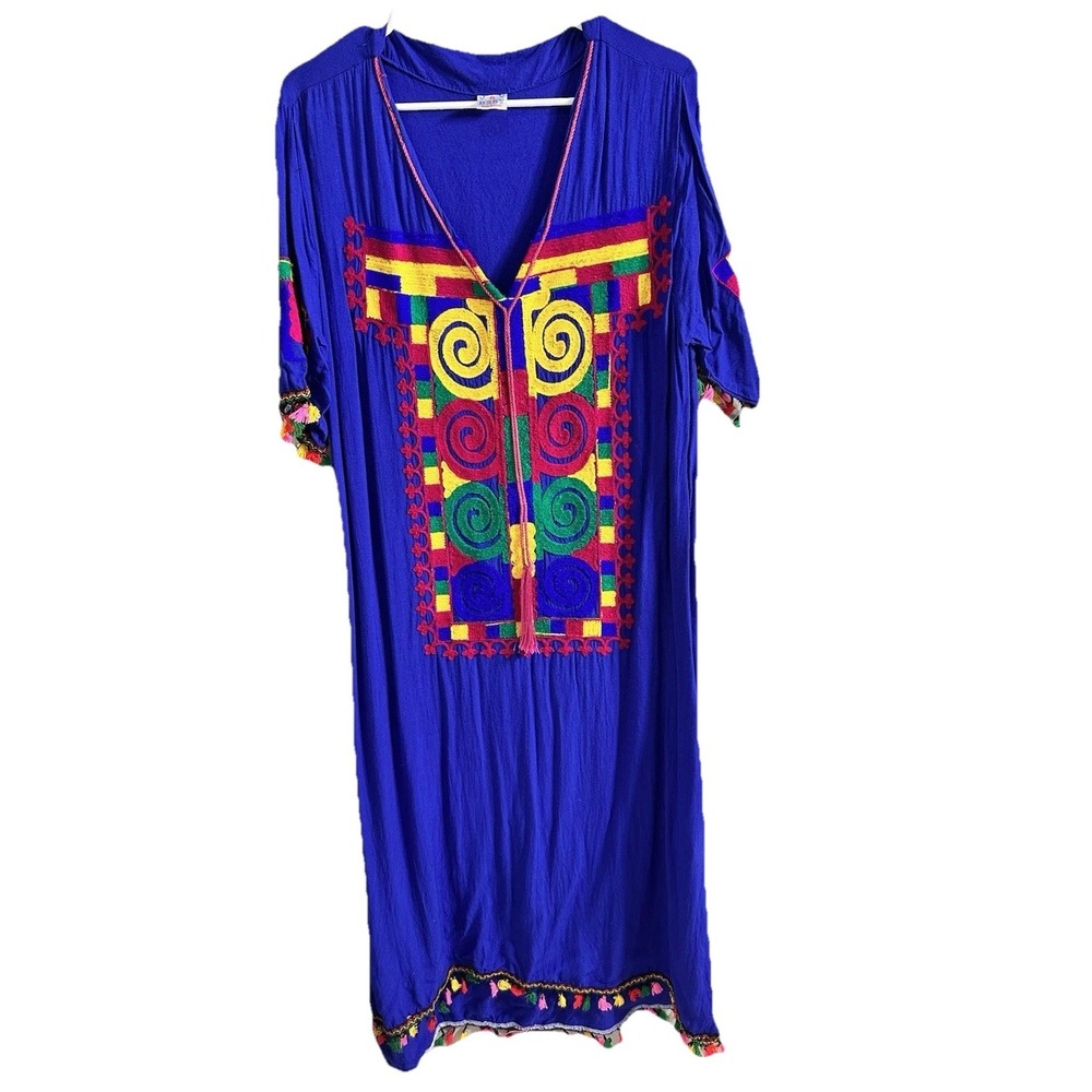 BRSY Women's Blue Embroidered Tassel V-Neck Short Sleeve Long Dress S Bohemian